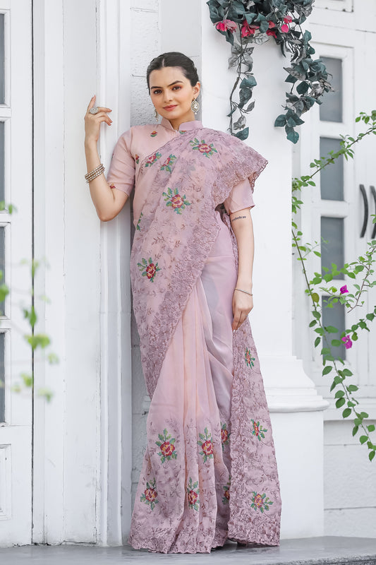 Imposing Pink Color Chiffon Silk Saree