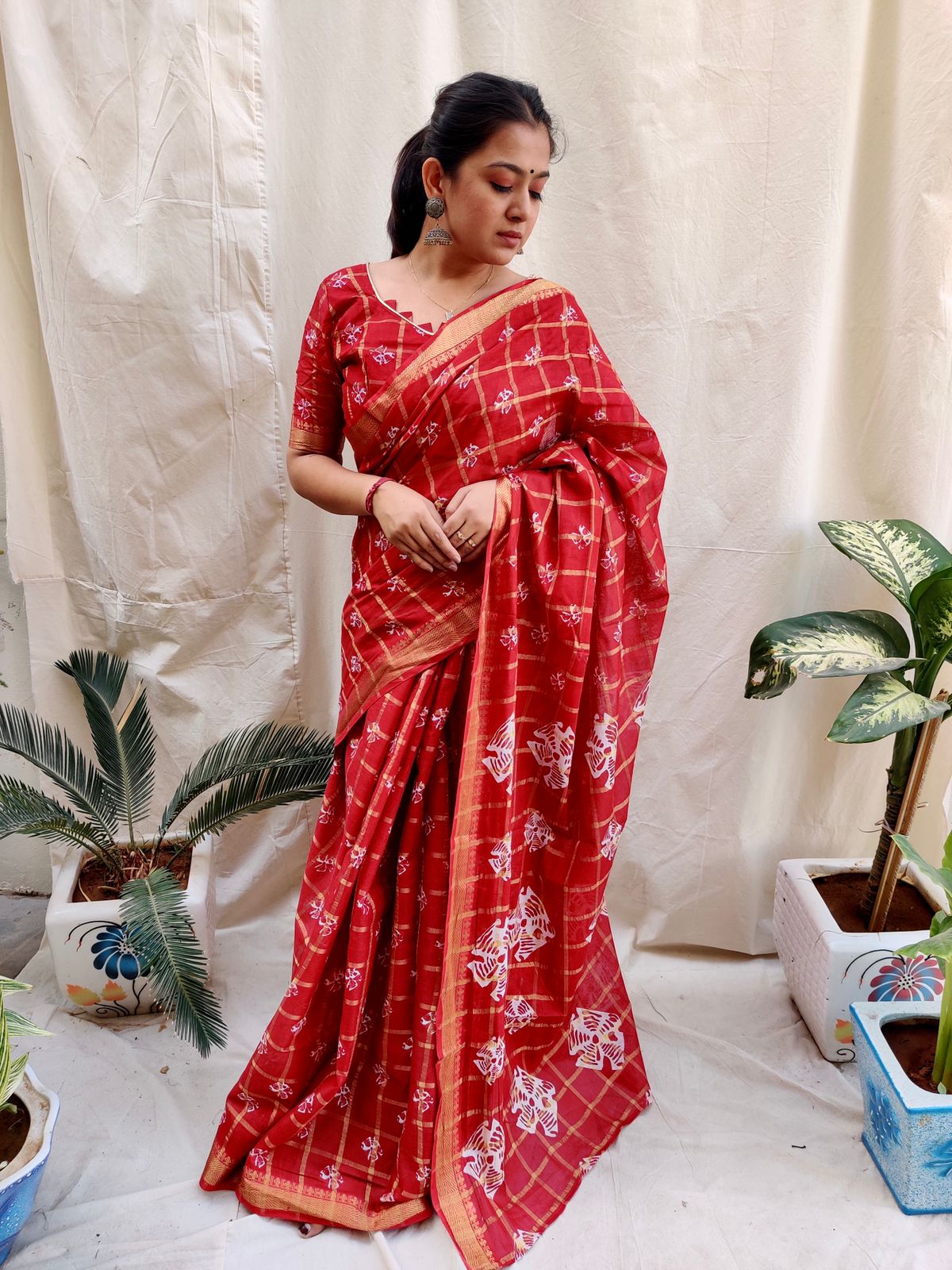 Glorious Batik Cotton Red Color Saree