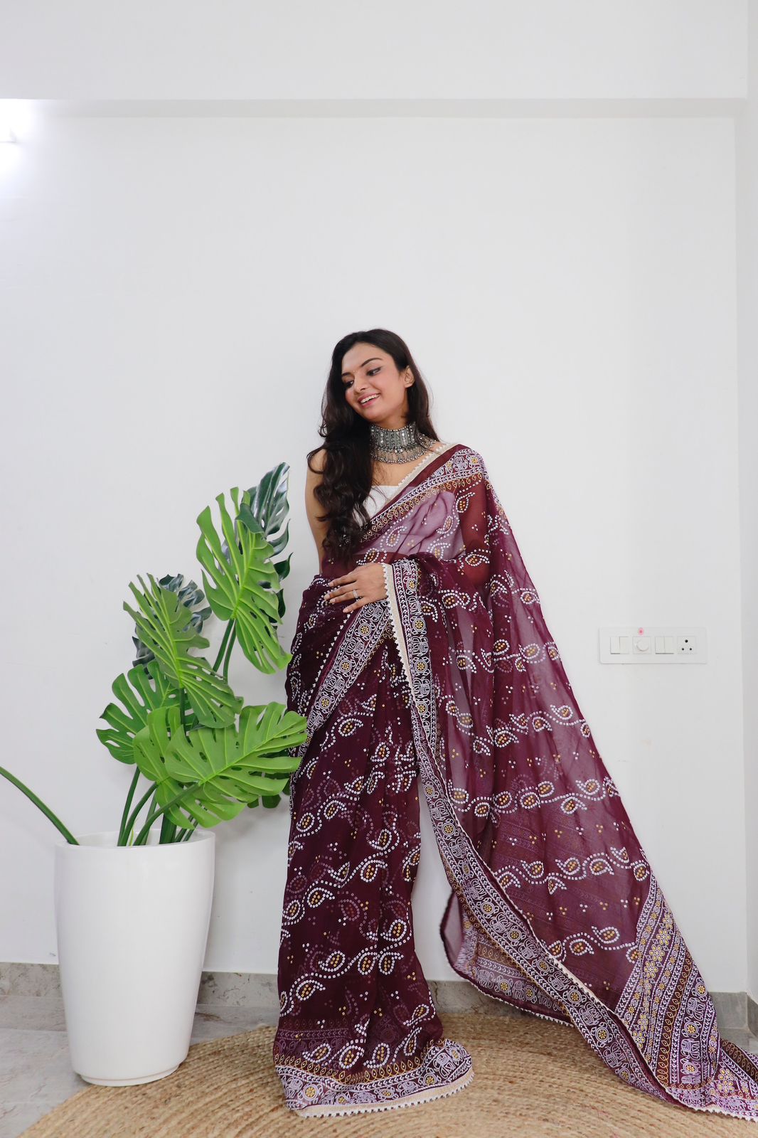 Exotic Chiffon Silk Wine Color Saree