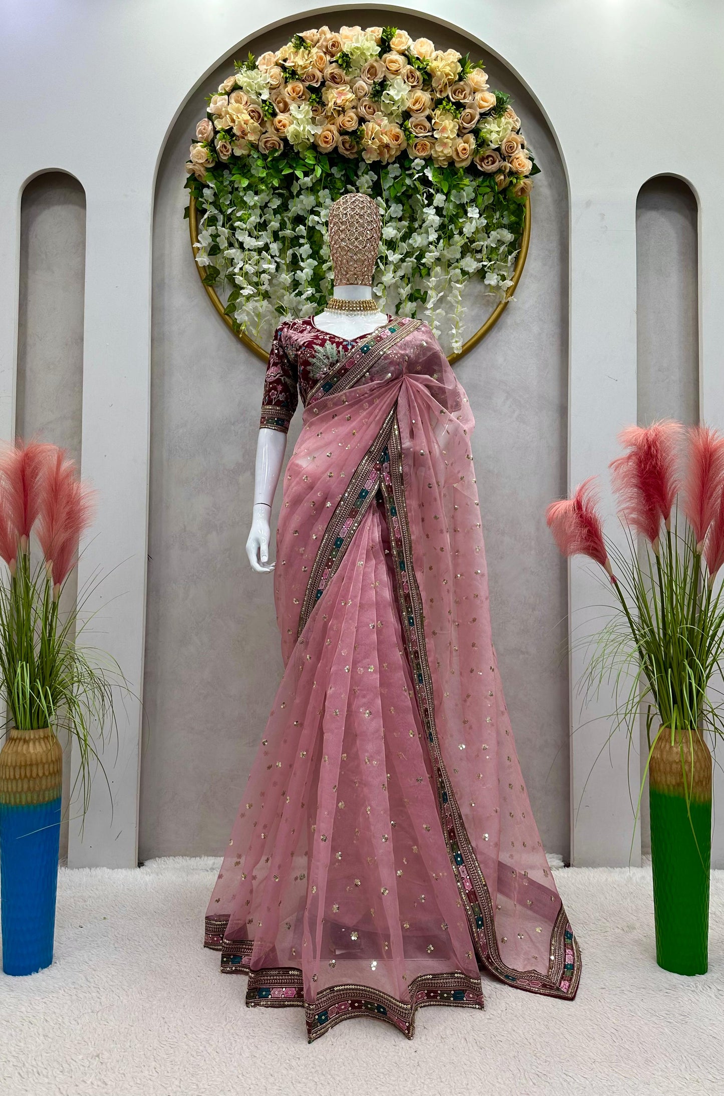 Exotic Organza Silk Pink Color Saree