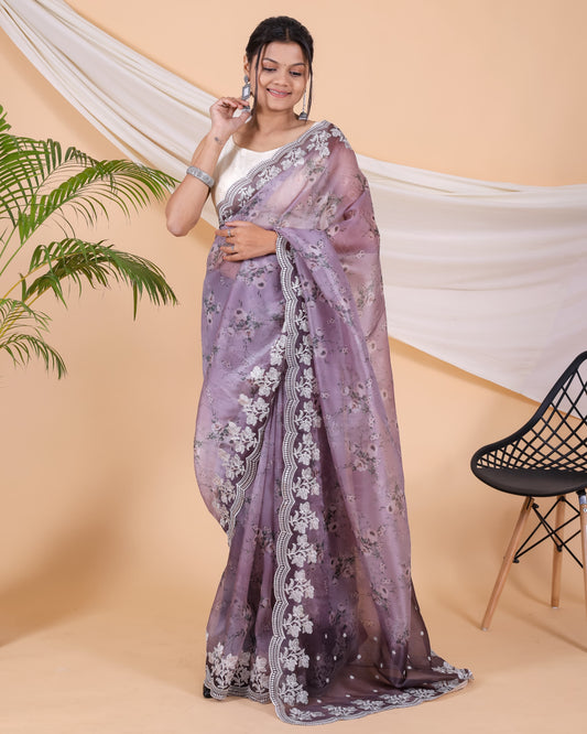 Beautiful Organza Silk Purple Color Saree