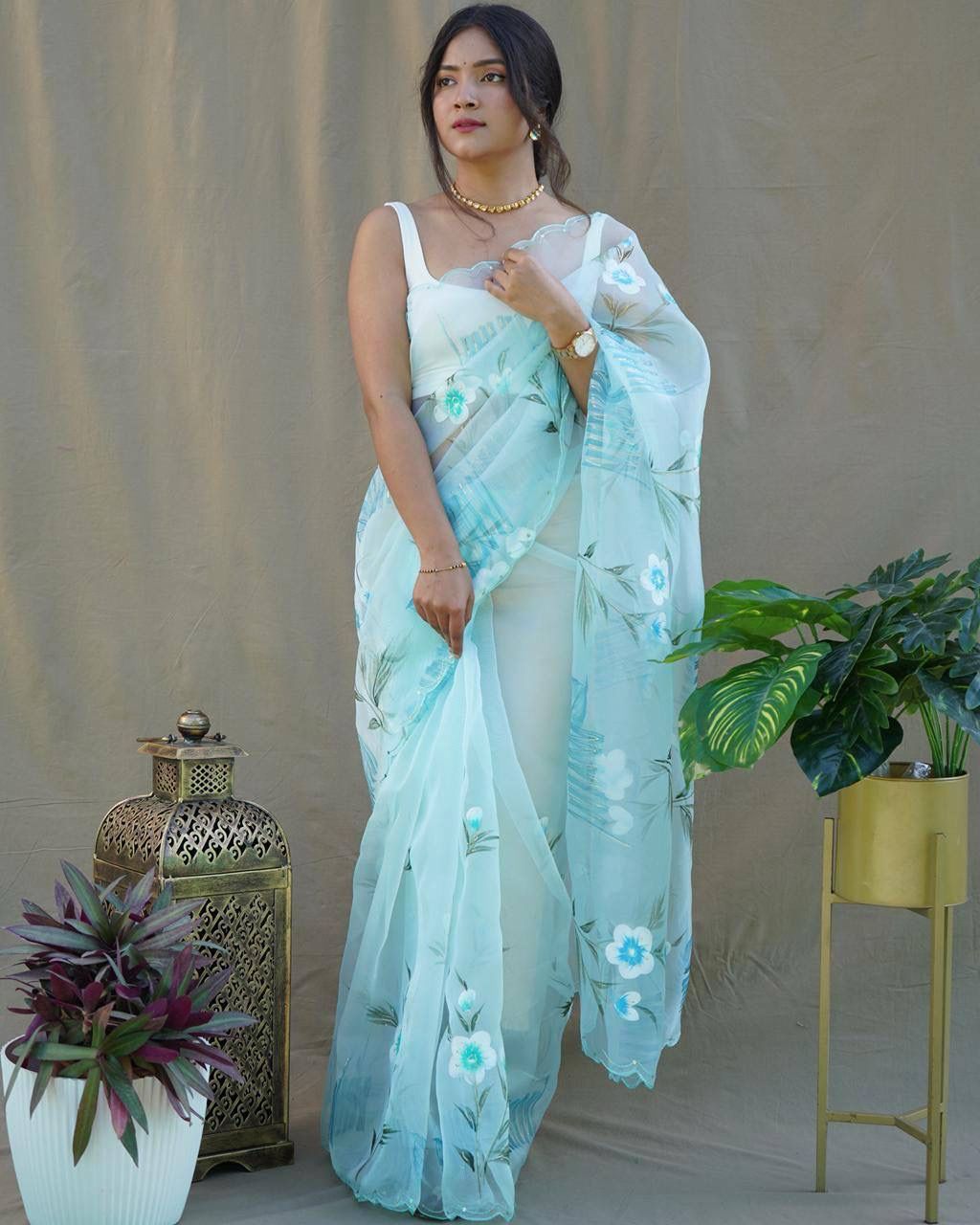 Attractive Organza Silk Sky Color Saree