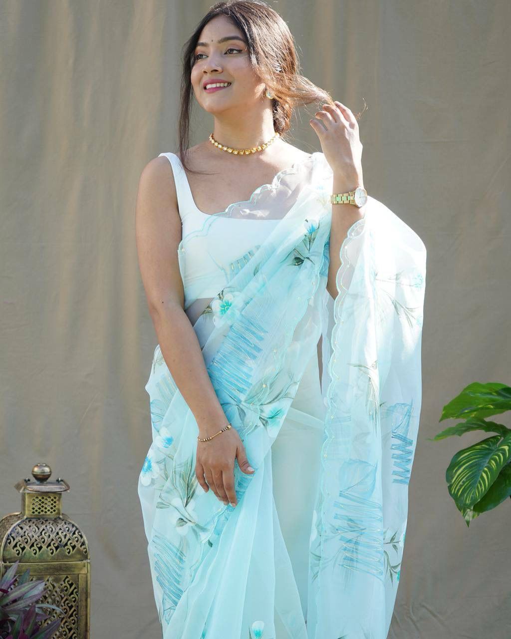 Attractive Organza Silk Sky Color Saree