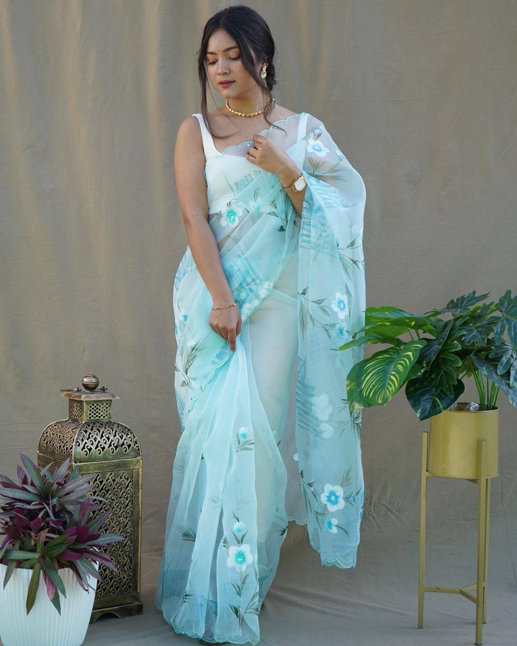 Attractive Organza Silk Sky Color Saree