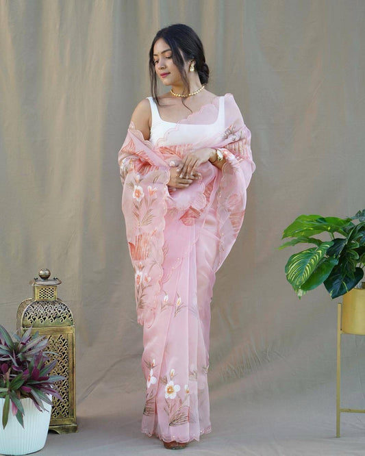 Attractive Organza Silk Baby Pink Color Saree