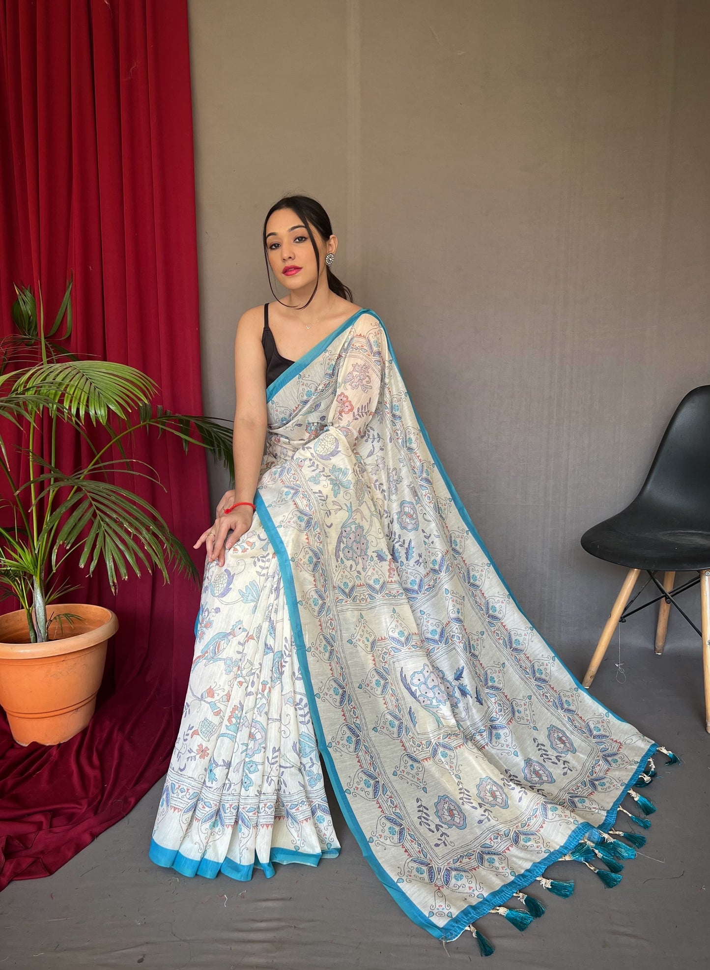 Daisy Cotton Katha Sky Color Saree