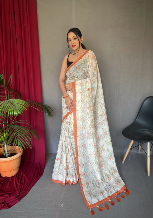 Daisy Cotton Katha Orange Color Saree