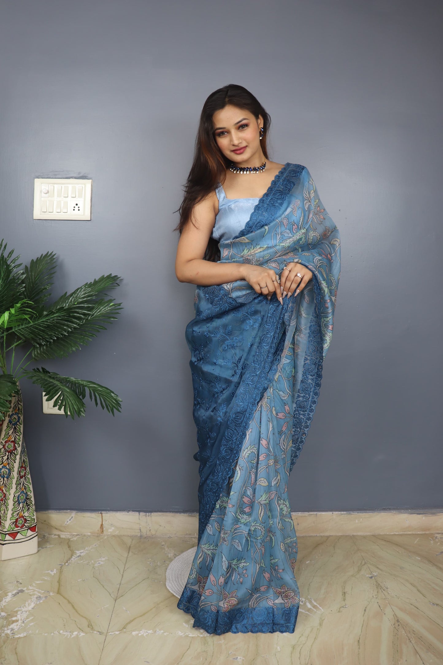 Stunning Organza Silk Blue Color Saree