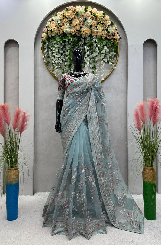 Fabulous Organza Silk Sky Color Saree