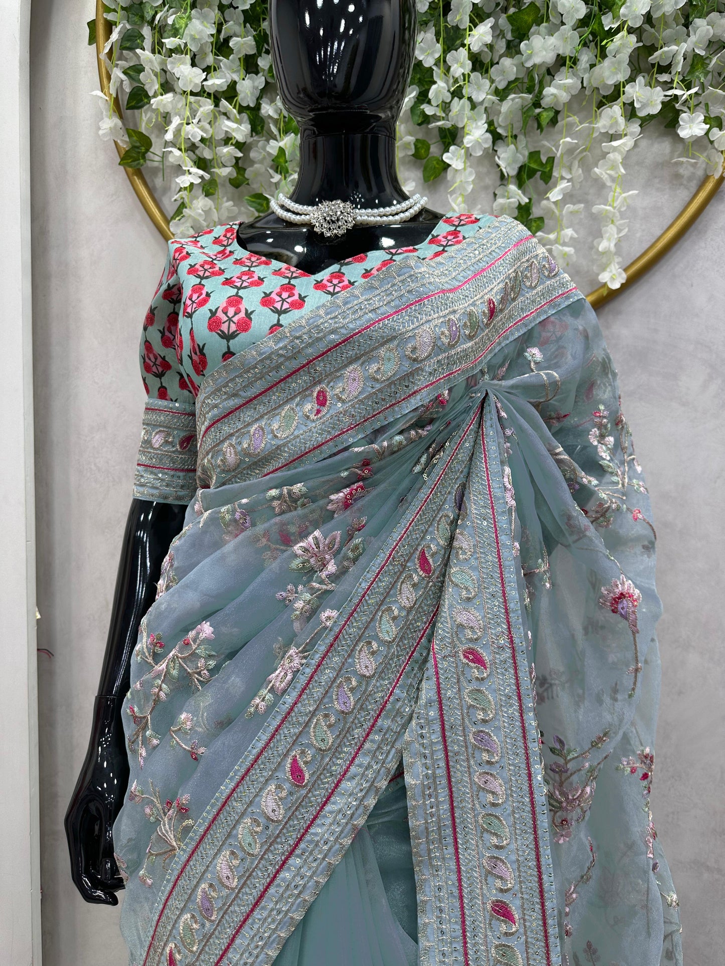 Fabulous Organza Silk Sky Color Saree