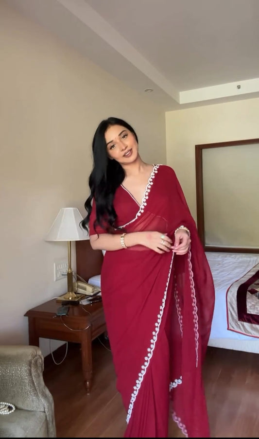 Demanding Georgette Ready To Wear Red Color Saree