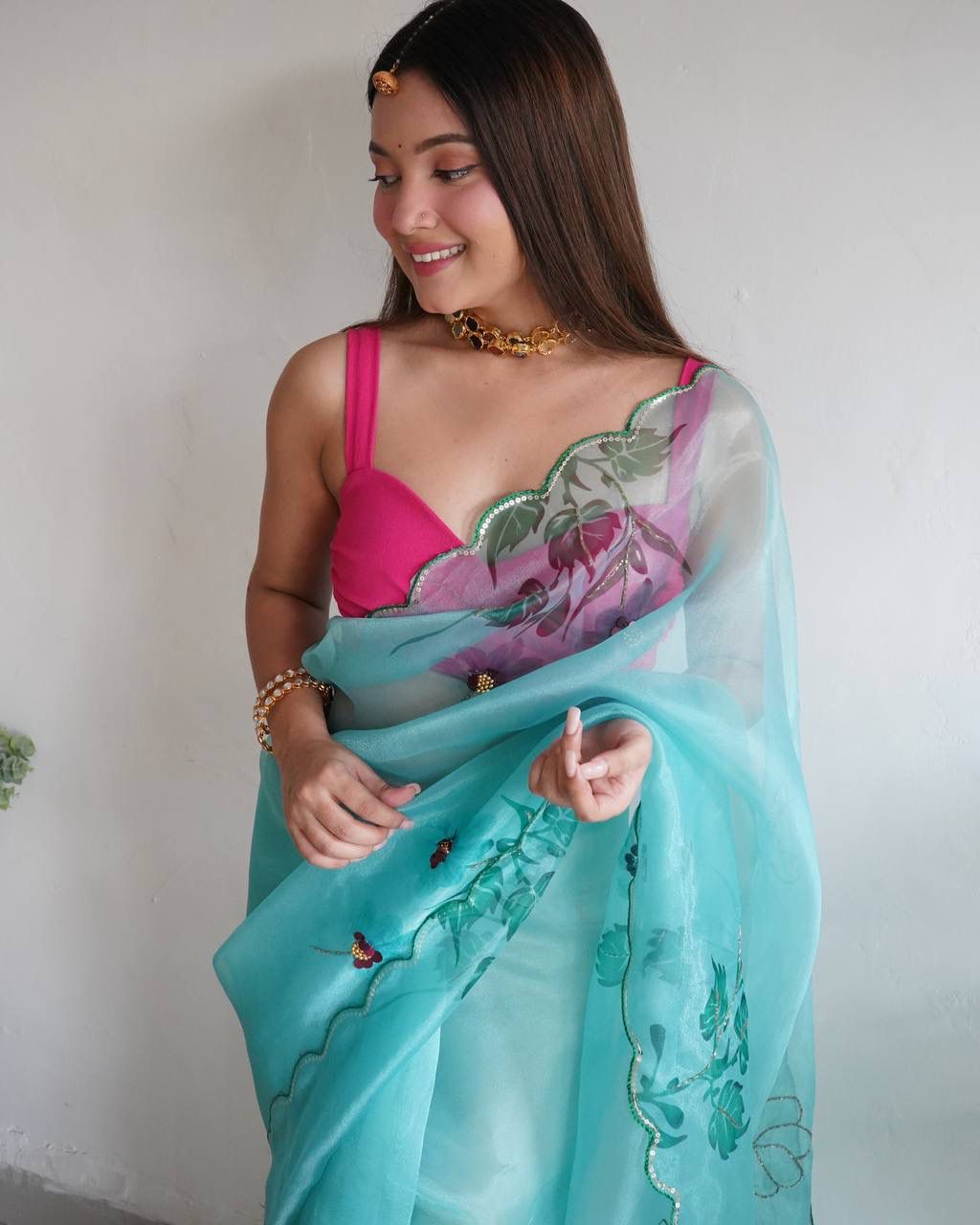 Stylish Organza Silk Sky Color Saree