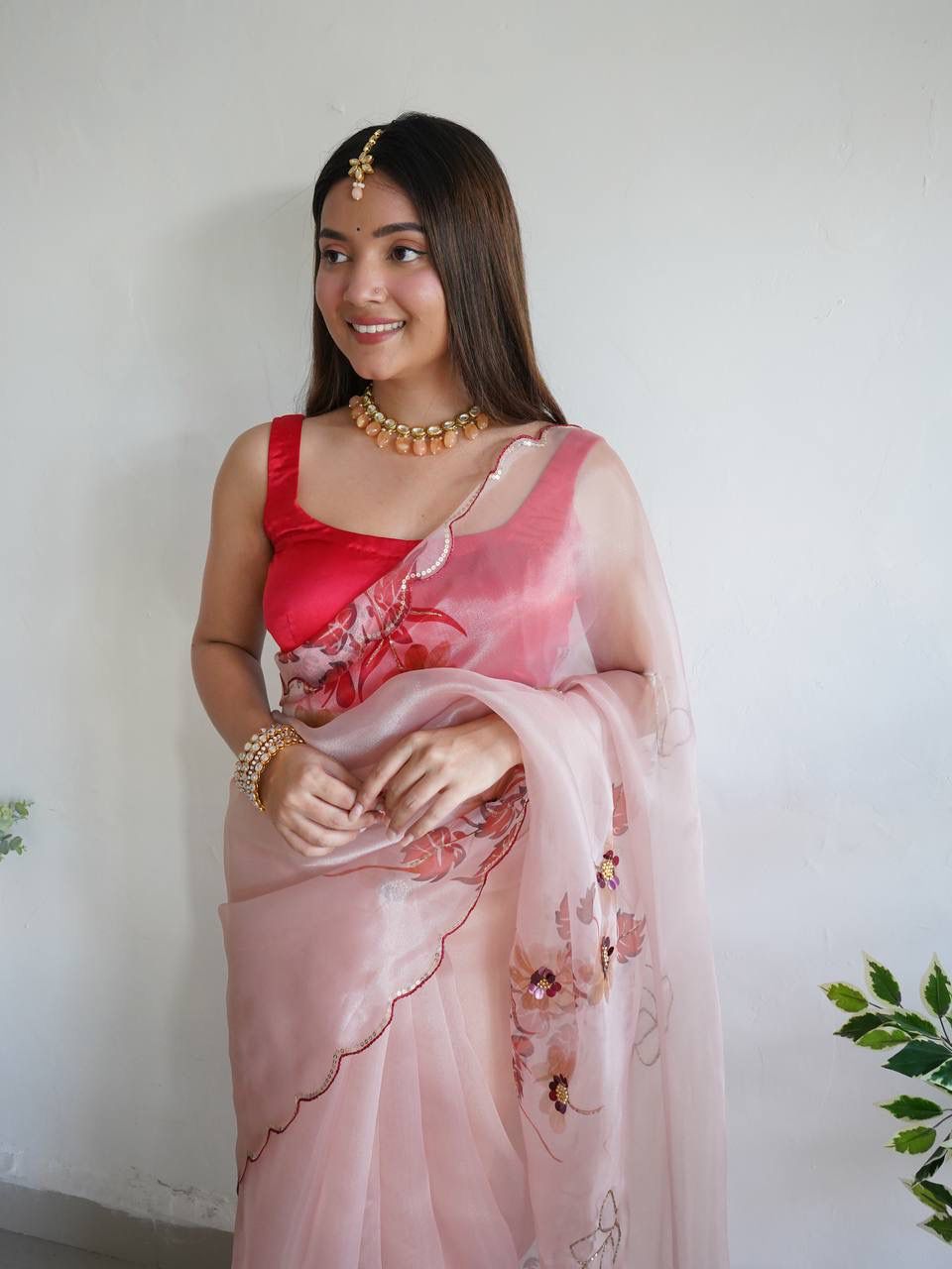 Stylish Organza Silk Baby Pink Color Saree