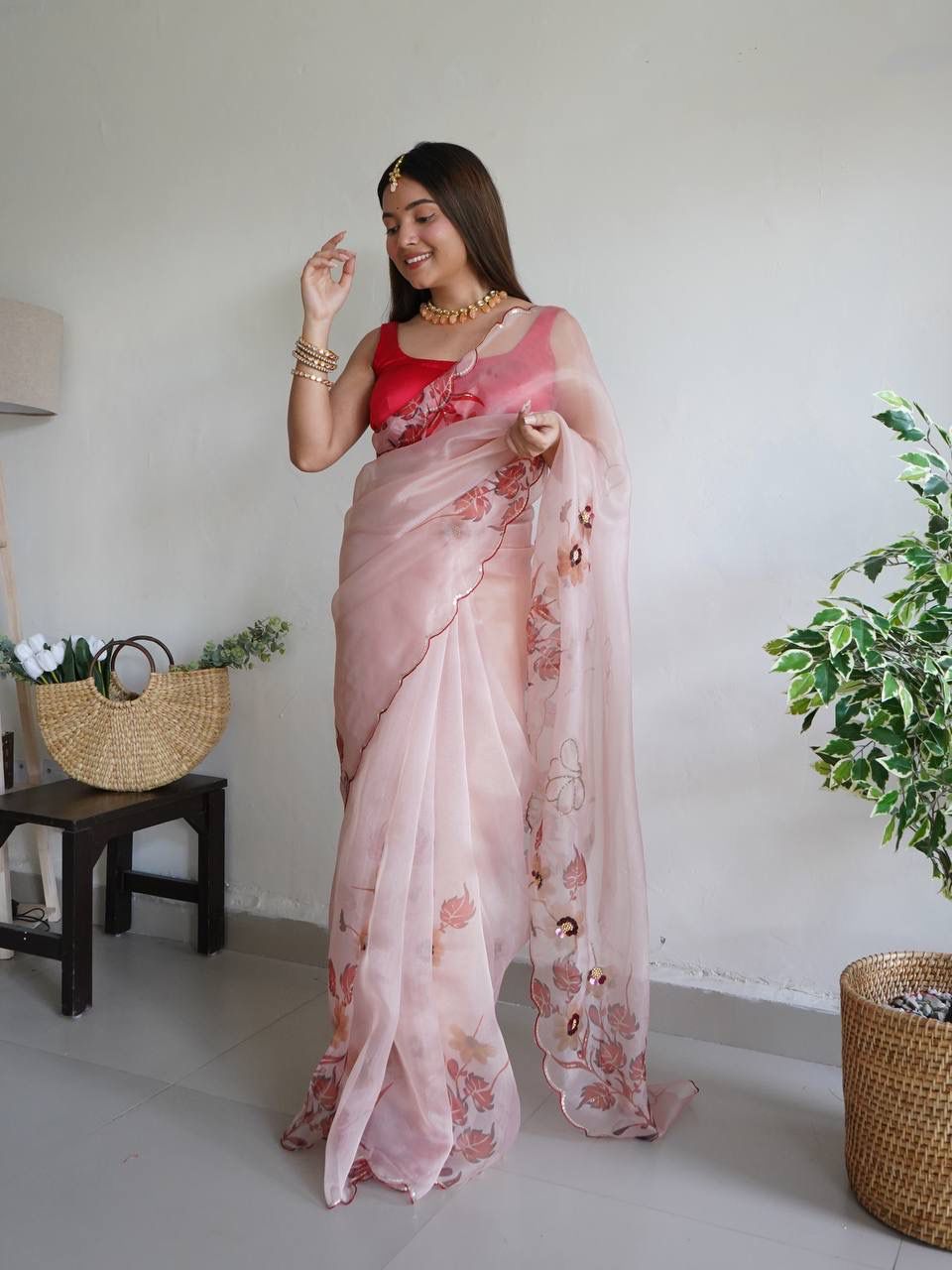 Stylish Organza Silk Baby Pink Color Saree