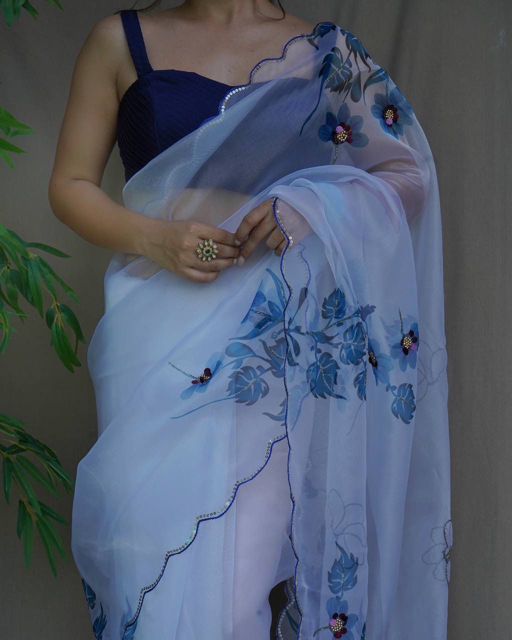 Stylish Organza Silk Blue Color Saree