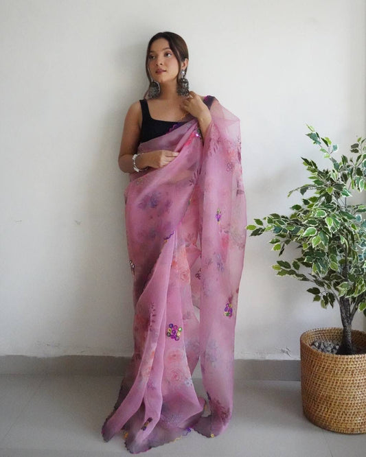 Exotic Organza Silk Pink Color Saree