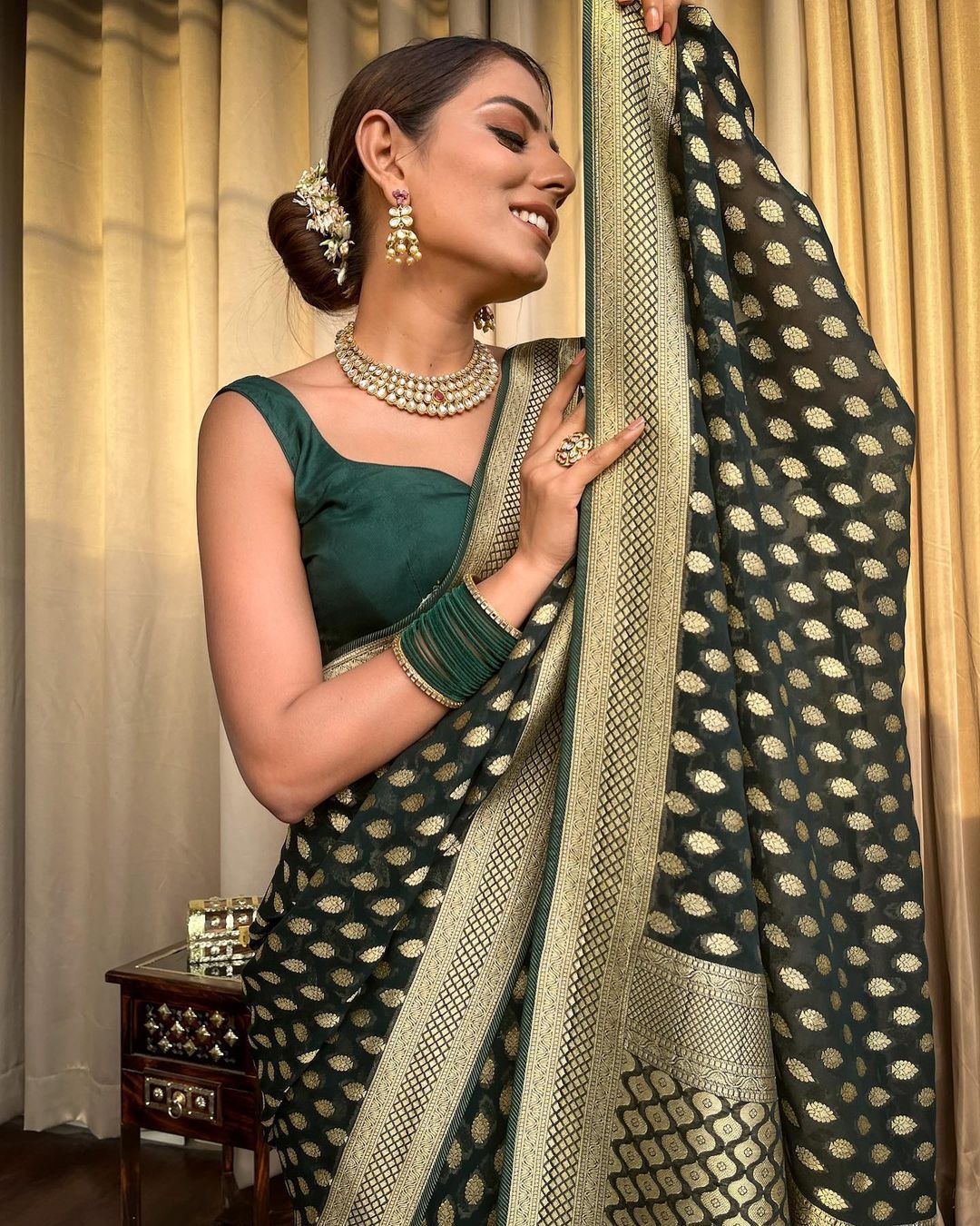 Mesmerizing Lichi Silk Green Color Saree