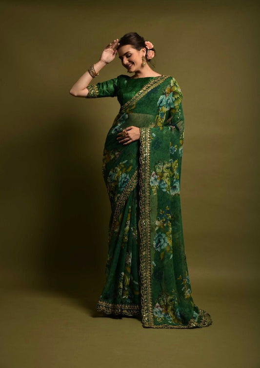 Presenting Soft Chiffon Green Color Silk Saree