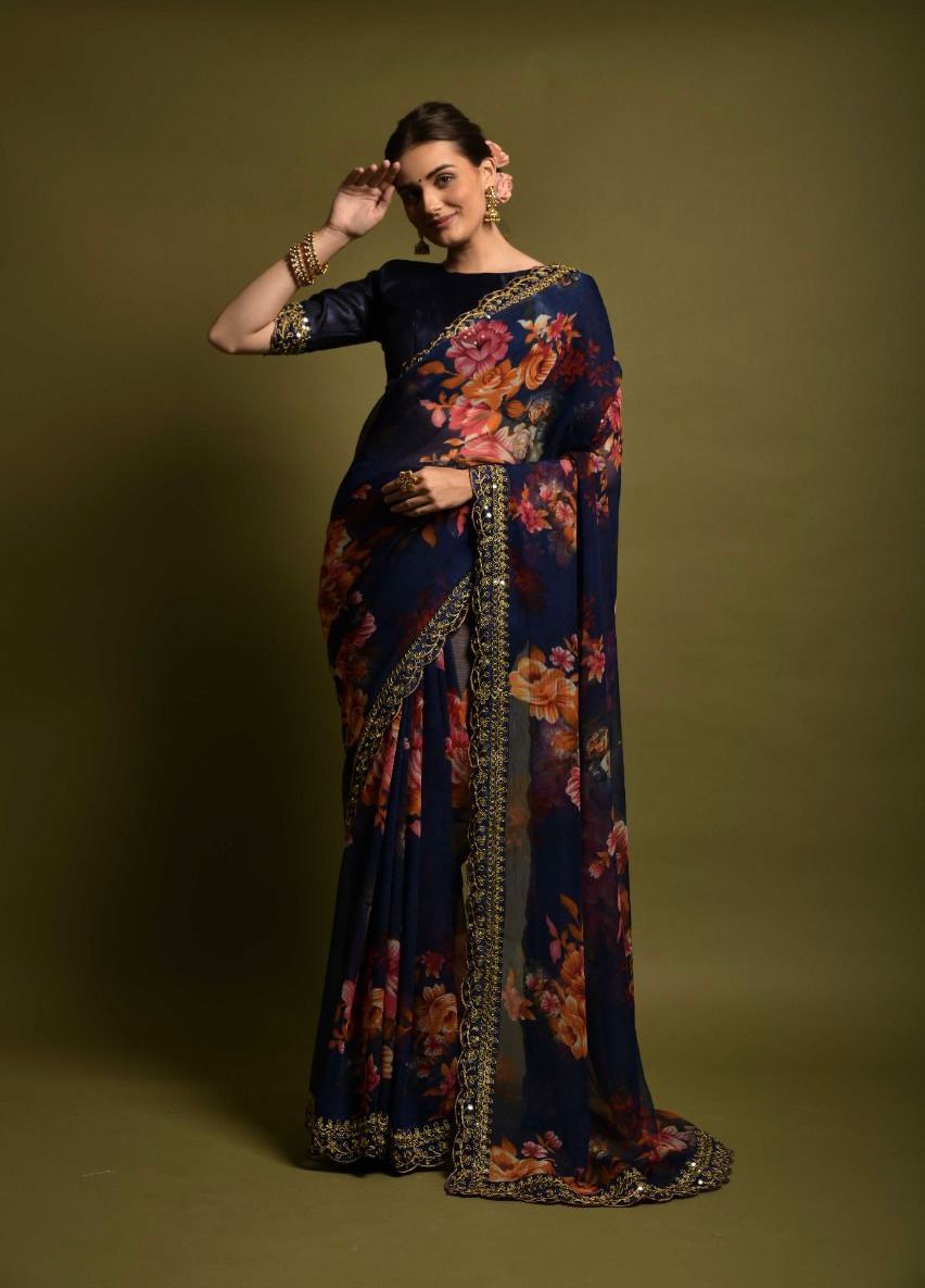 Presenting Soft Chiffon Dark Blue Color Silk Saree