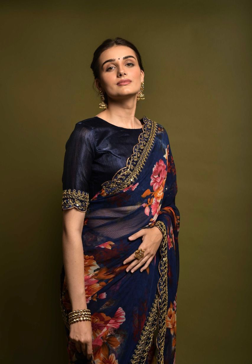 Presenting Soft Chiffon Dark Blue Color Silk Saree