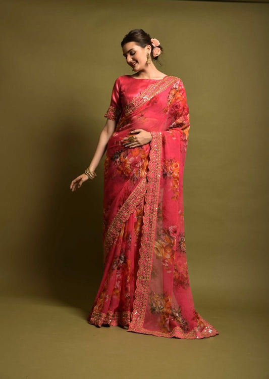 A Presenting Soft Chiffon Red Color Silk Saree