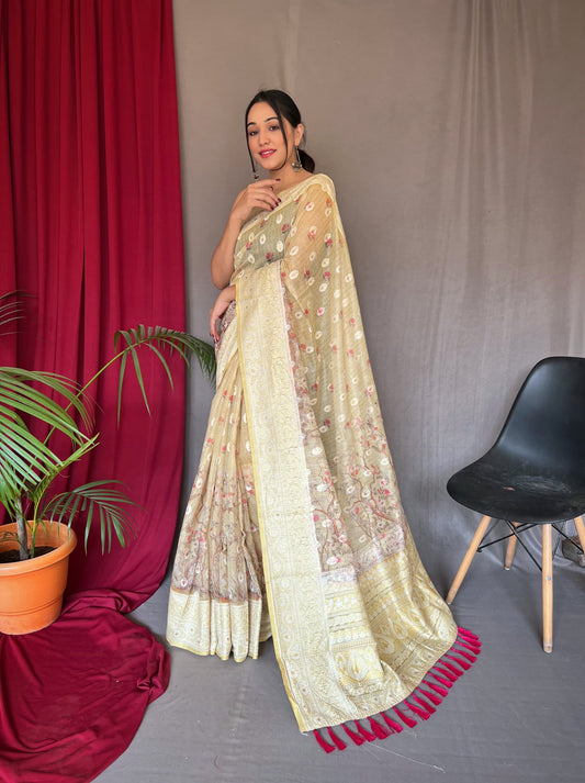 Eyes Catching Cotton linen Yellow Color Saree