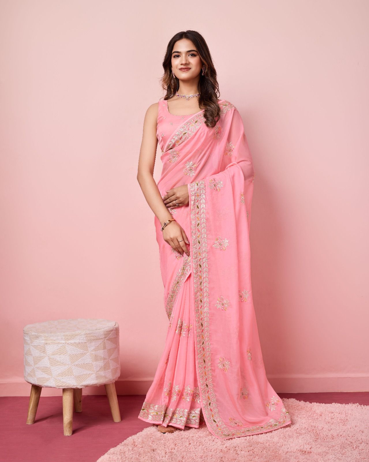 Classy Organza Silk Peach Color Saree