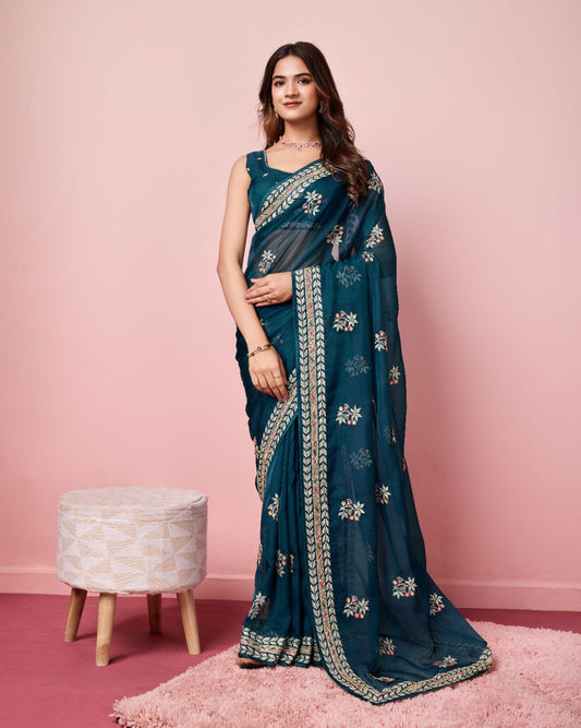 A Classy Organza Silk Blue Color Saree