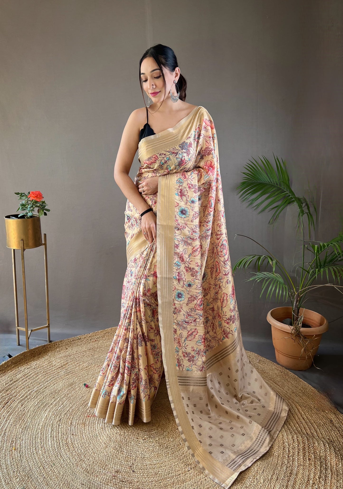 Demanding Digital Print Soft Silk Beige Color Saree