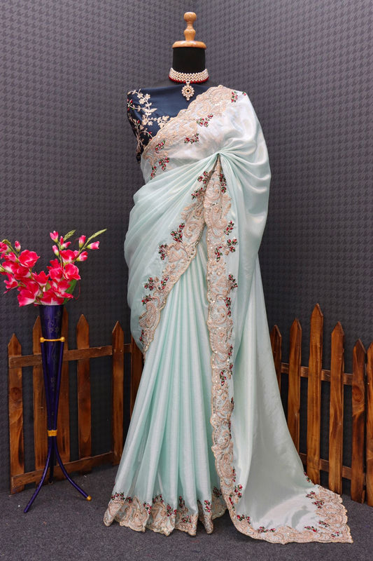 Imposing Sequence Work Sky Color Saree