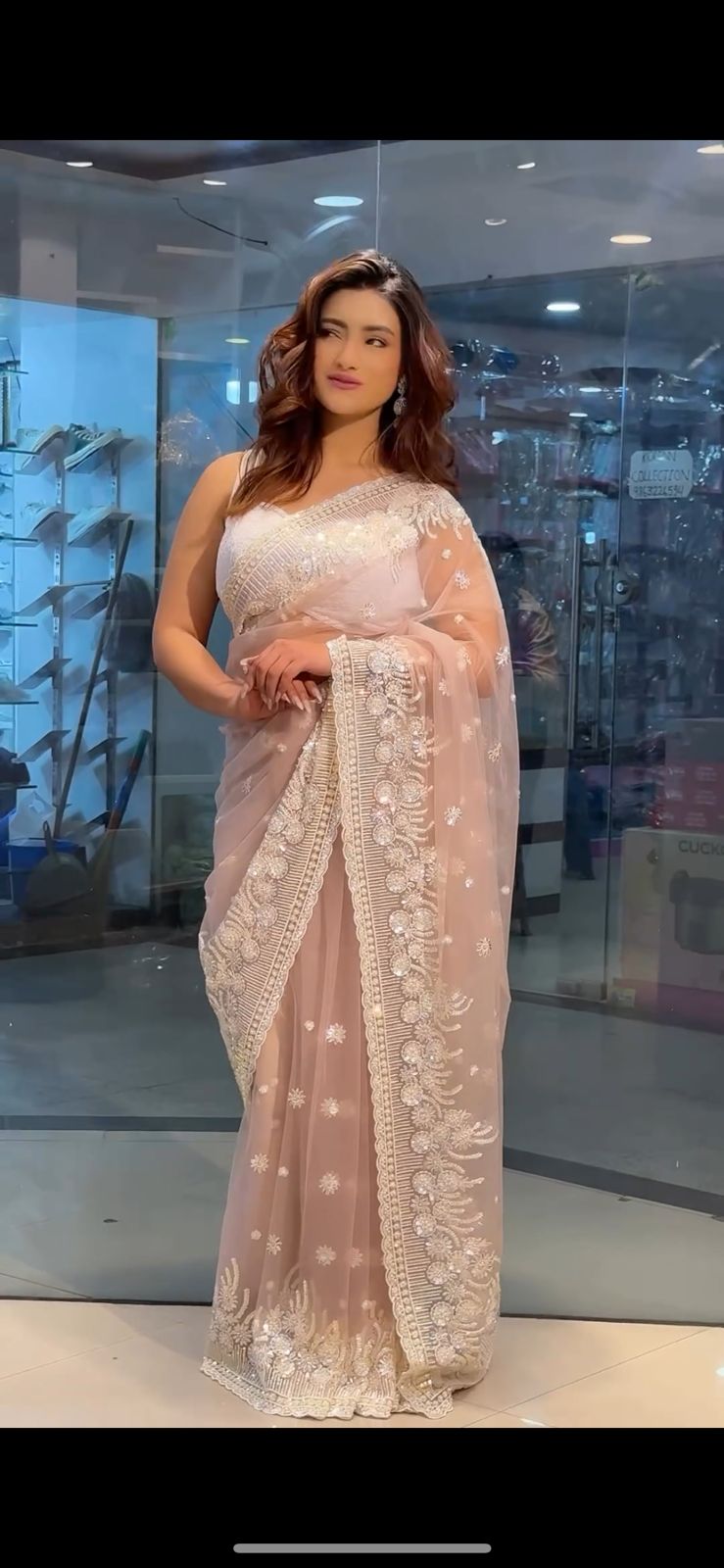 Designer Sequence Work Peach Color Net Saree