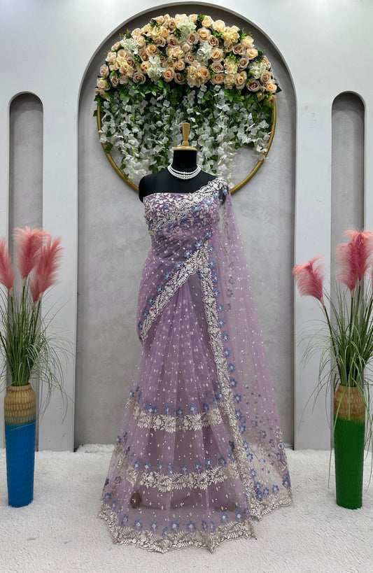 Fashionable Thred & Sequence Purple Color Saree