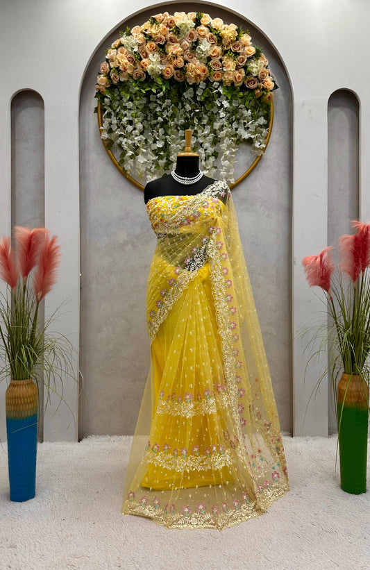 Fashionable Thred & Sequence Yellow Color Saree