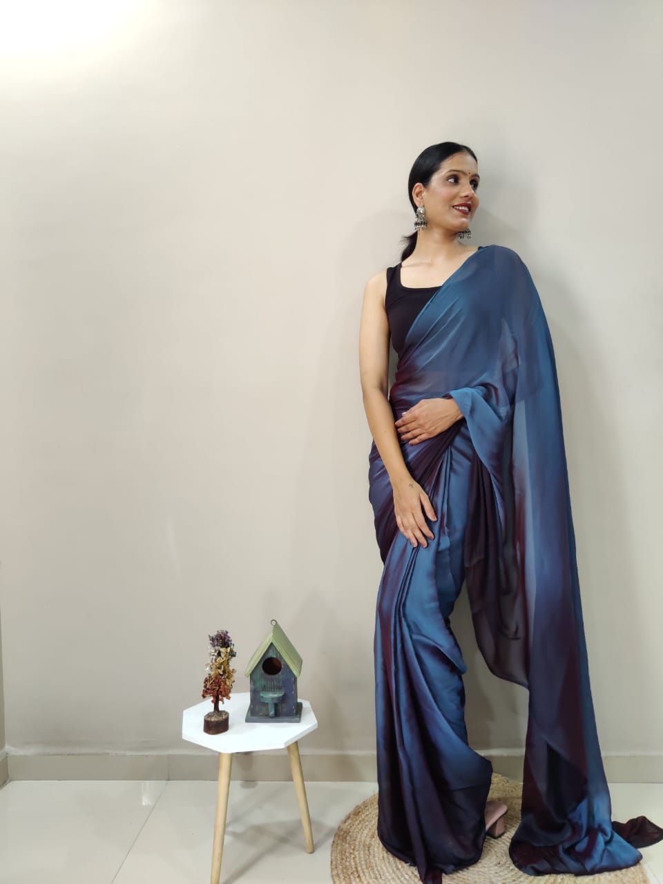 Eyes Catching Chiffon Silk Ready To Wear Blue Color Saree