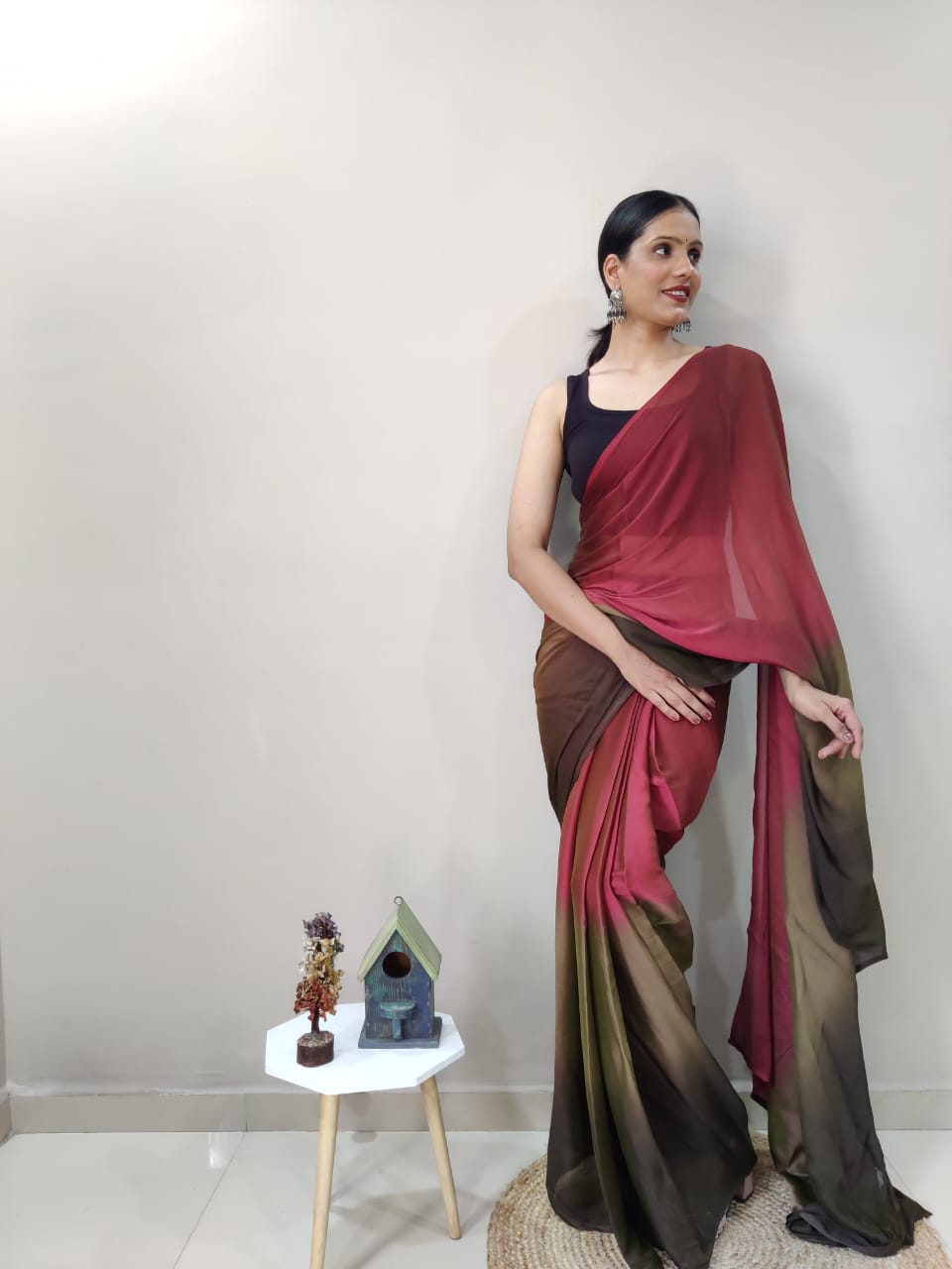 Eyes Catching Chiffon Silk Ready To Wear Red Color Saree