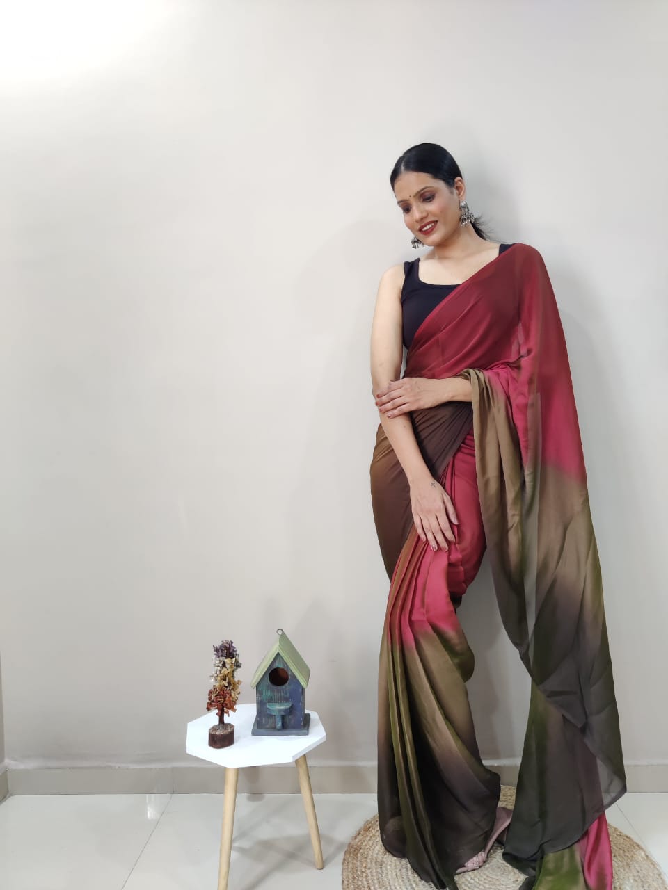 Eyes Catching Chiffon Silk Ready To Wear Red Color Saree