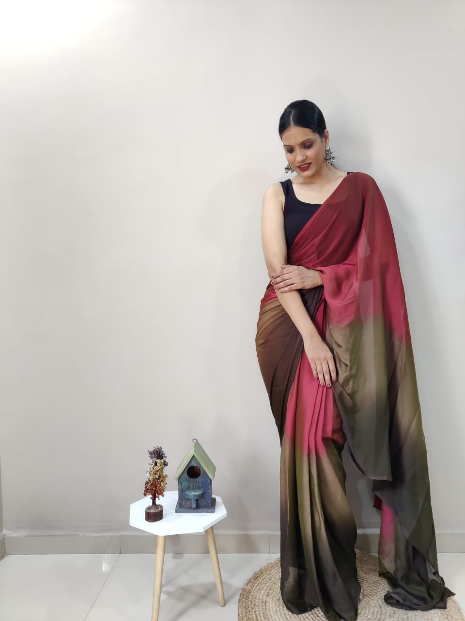 Eyes Catching Chiffon Silk Ready To Wear Red Color Saree