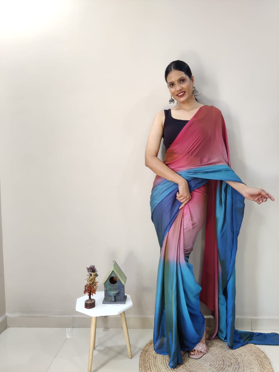 Eyes Catching Chiffon Silk Ready To Wear Multi Color Saree