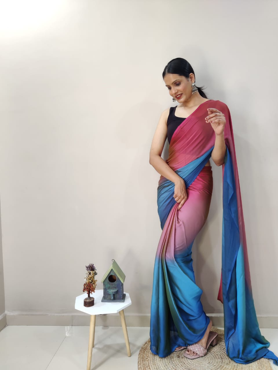 Eyes Catching Chiffon Silk Ready To Wear Multi Color Saree