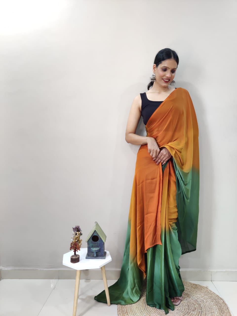 Eyes Catching Chiffon Silk Ready To Wear Orange Color Saree