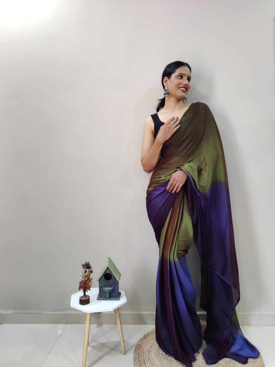 Eyes Catching Chiffon Silk Ready To Wear Peacock Color Saree