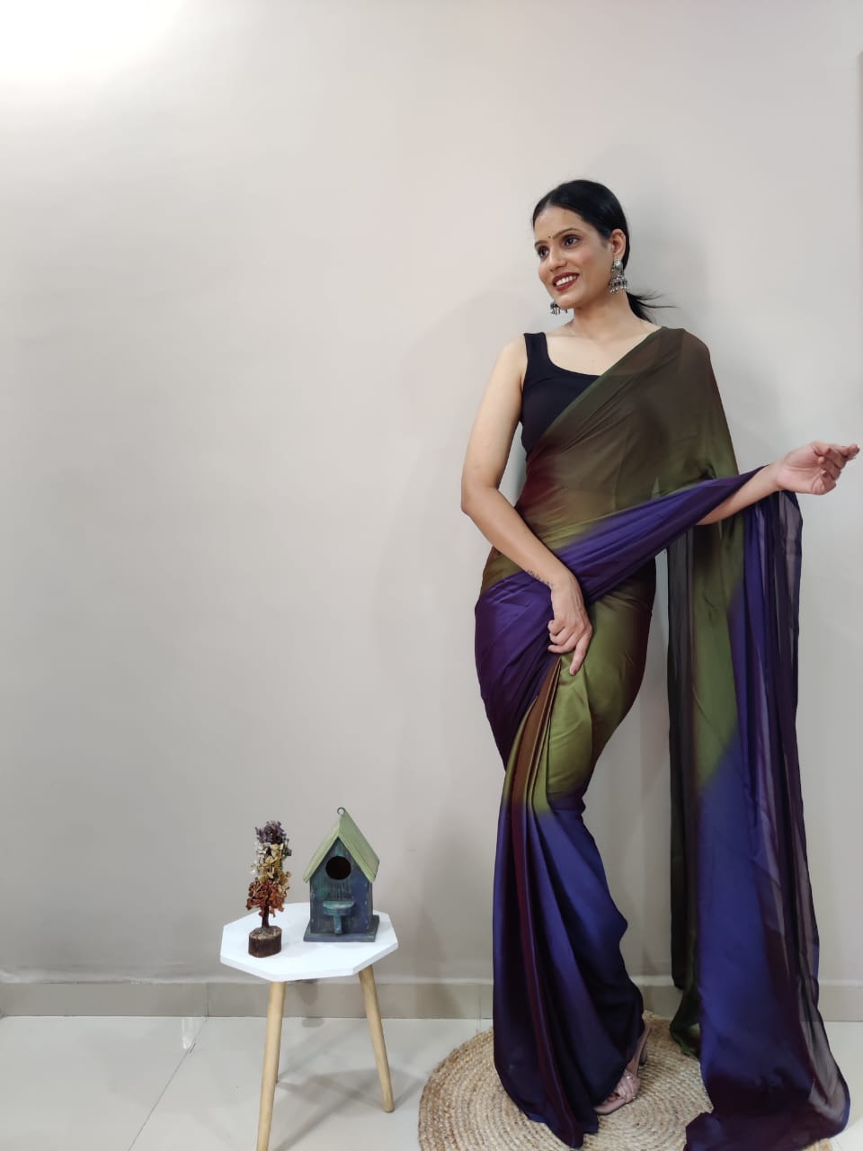 Eyes Catching Chiffon Silk Ready To Wear Peacock Color Saree