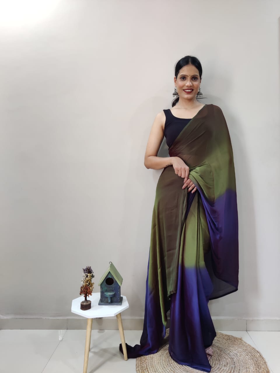 Eyes Catching Chiffon Silk Ready To Wear Peacock Color Saree