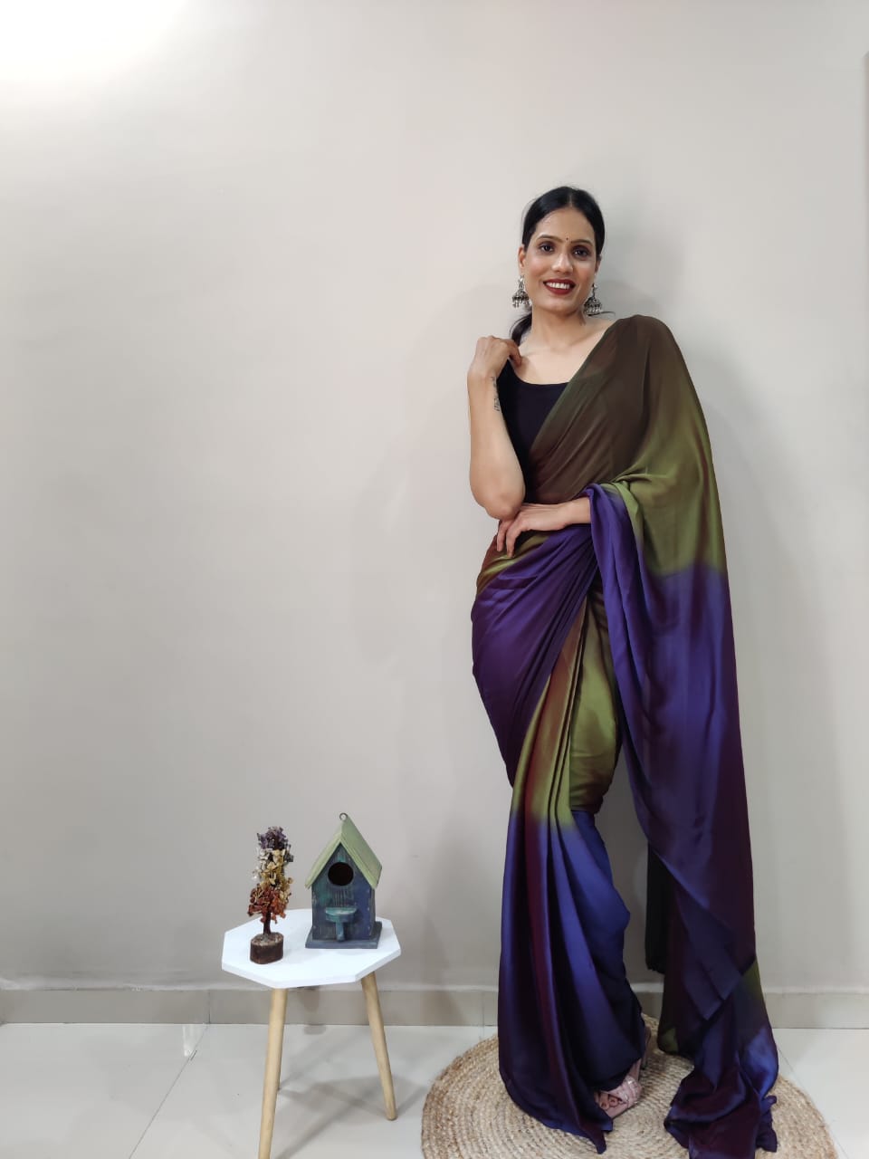 Eyes Catching Chiffon Silk Ready To Wear Peacock Color Saree