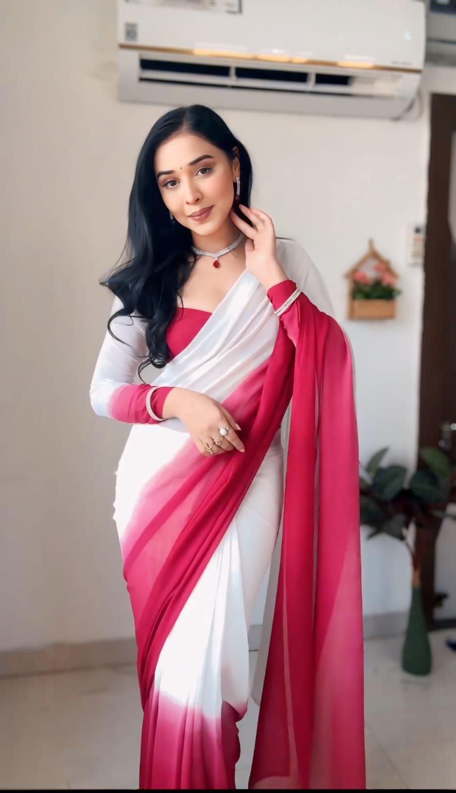 Glorious Georgette Ready To Wear White Color Saree