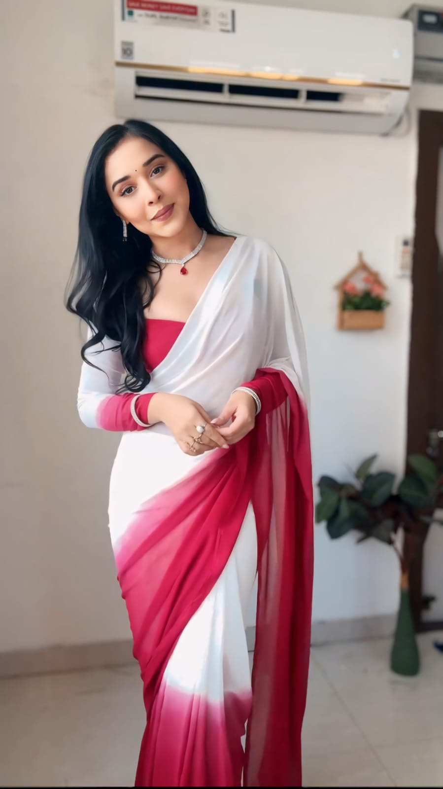 Glorious Georgette Ready To Wear White Color Saree