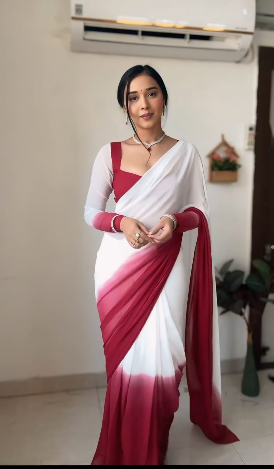 Glorious Georgette Ready To Wear White Color Saree