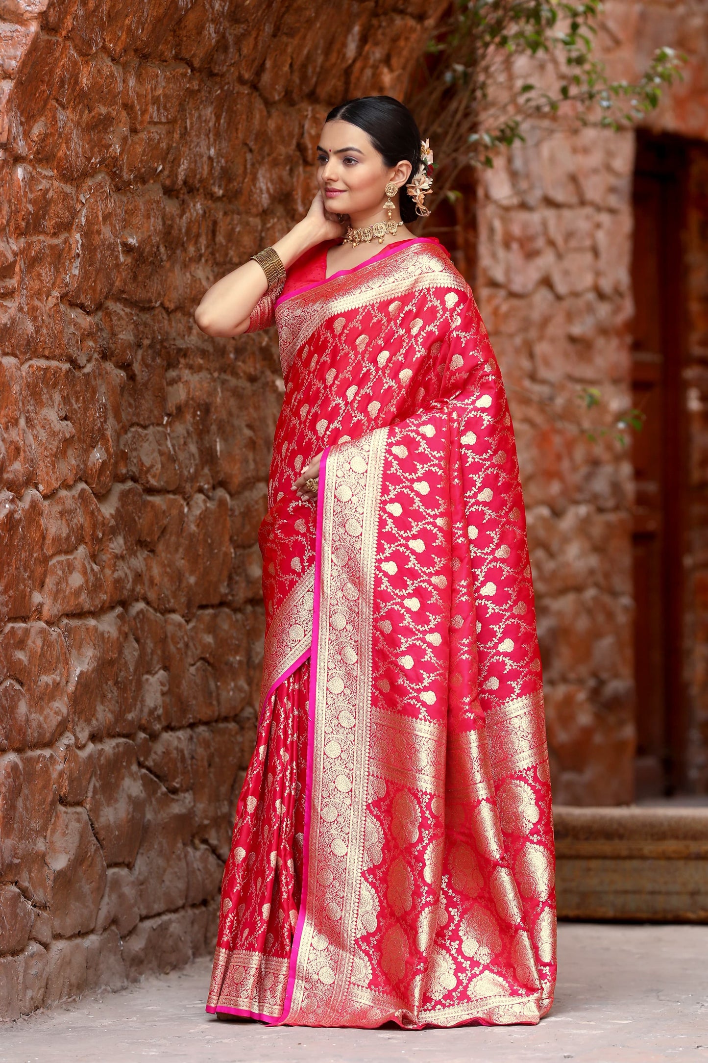 Glimmering Satin Silk Pink Color Saree