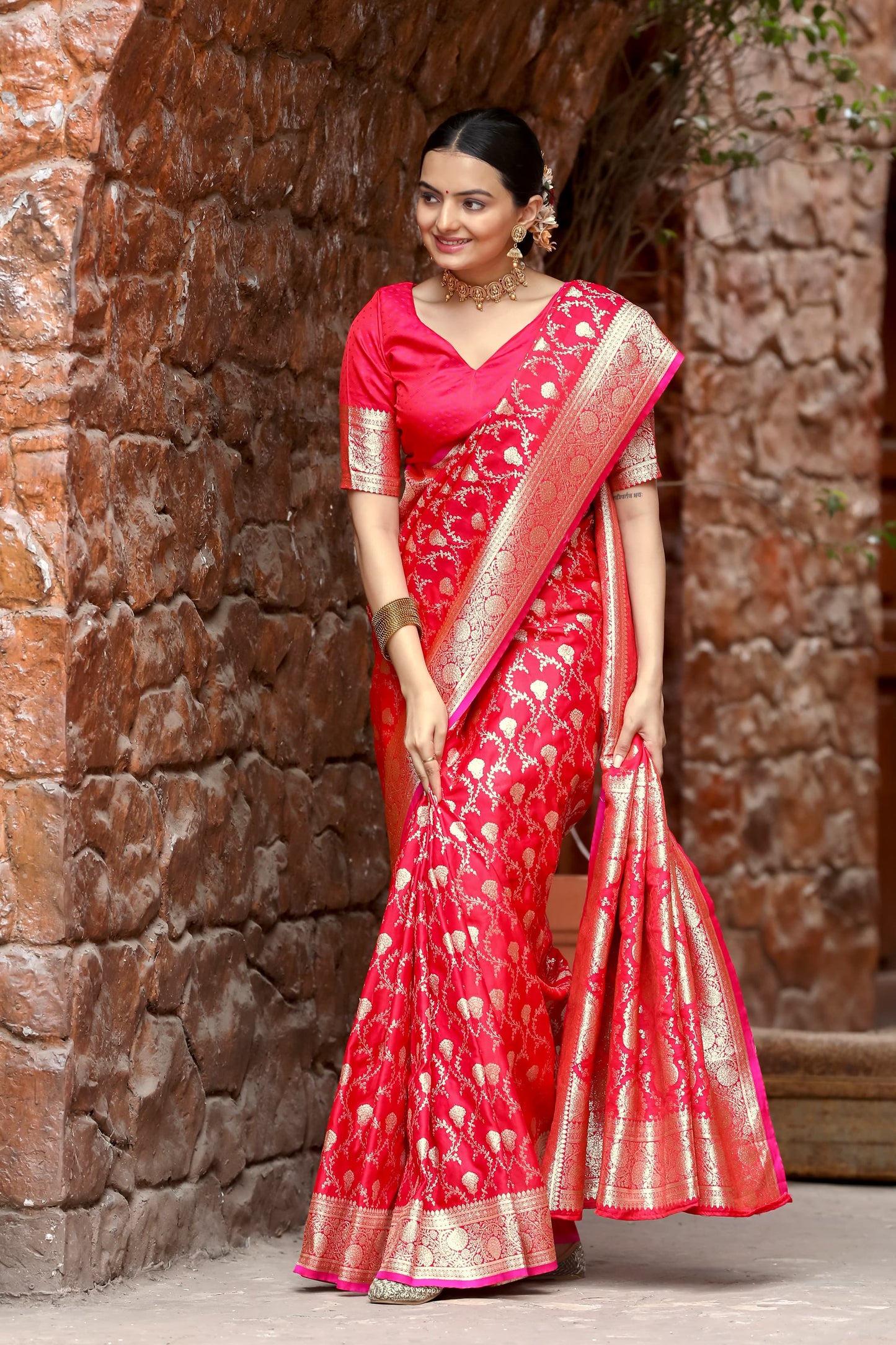 Glimmering Satin Silk Pink Color Saree