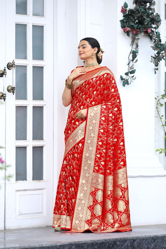 Glimmering Satin Silk Red Color Saree